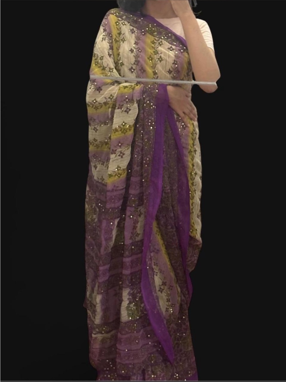 Women’s Purple & Yellow Printed Saree - Unbranded